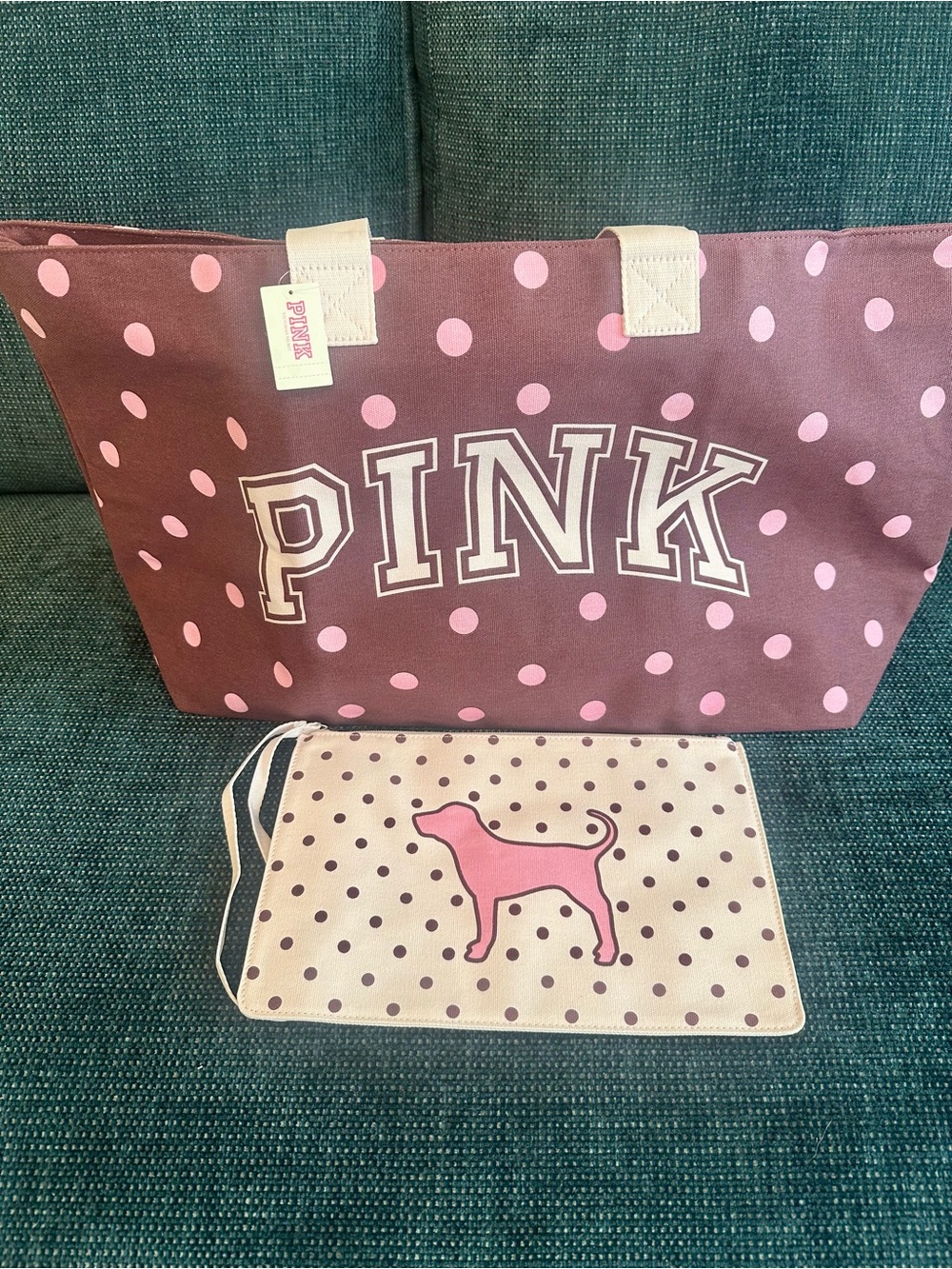 PINK Victoria's Secret Polka Dot Tote Bag in Mauve with Pink Accents